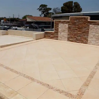 Sandstone Coral Pavers, Yellow Riverstone in Sandstone Base