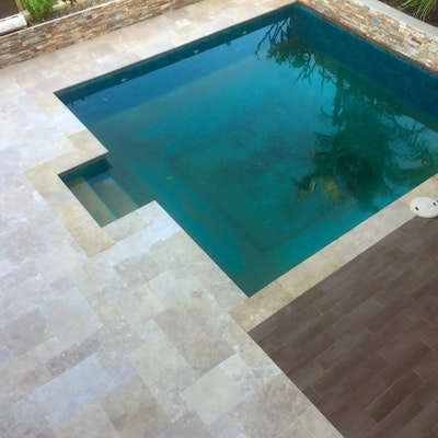 Cappuccino French Travertine and Jarrah Pool Pavers