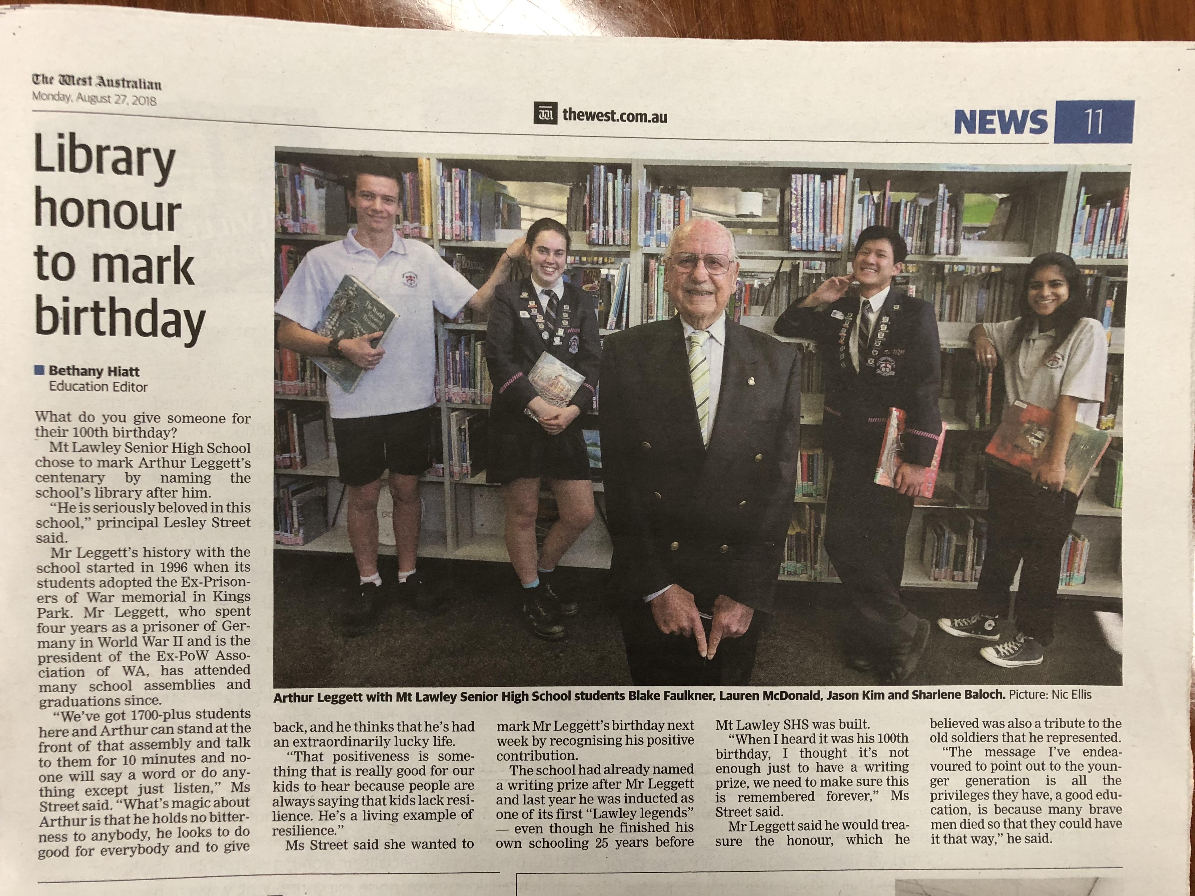 'The West' newspaper article - Monday, 27 August 2018