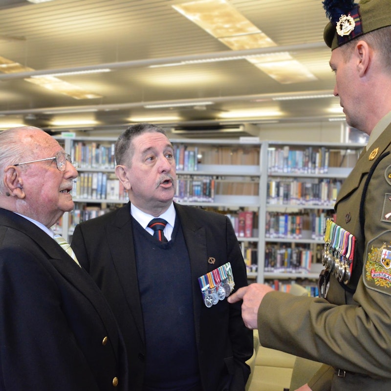 Mr Leggett (left) with Mr Ray Shaw (centre) and WO Class 1 Carl Hemberg, RSM from the 16th Battalion, Royal Western Australia Regiment. (Arthur’s Regiment )