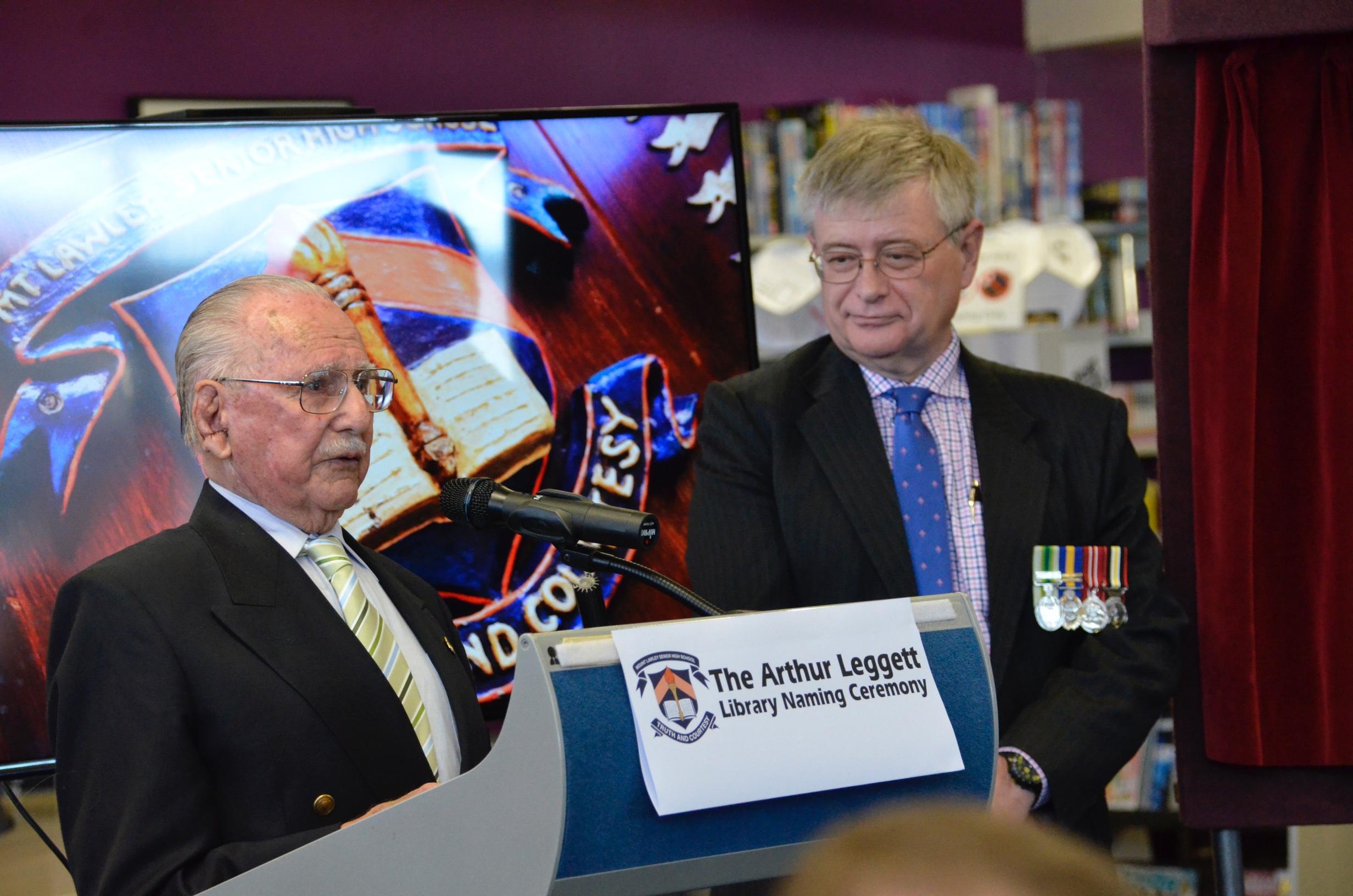 Mr Leggett making his speech with Mr Milton Butcher (Right)