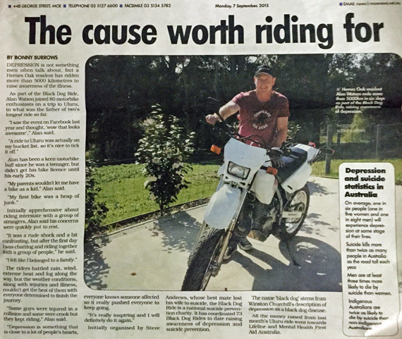 Black Dog Ride Red Centre 2015 Media - Moe and Narracan Front Page, Alan Watson