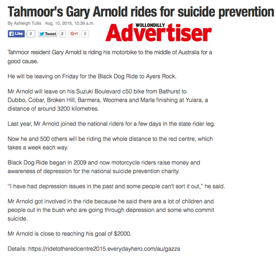 Black Dog Ride Red Centre 2015 Media - Tahmoor Local Riding For Suicide Prevention