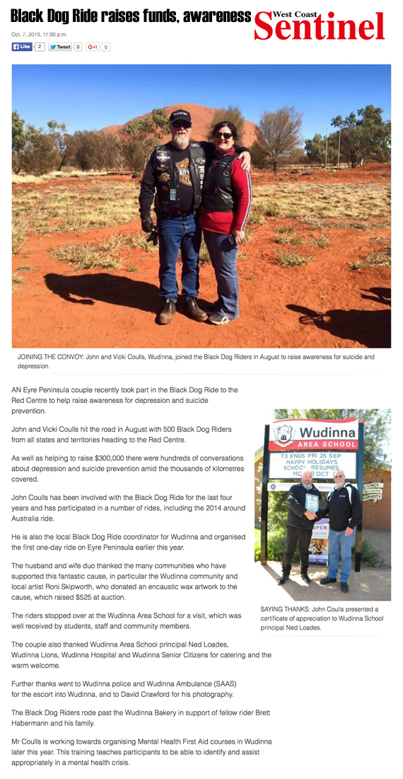 Black Dog Ride Red Centre 2015 Media - John and Vicki Coulls Raise Funds and Awareness in Wudinna
