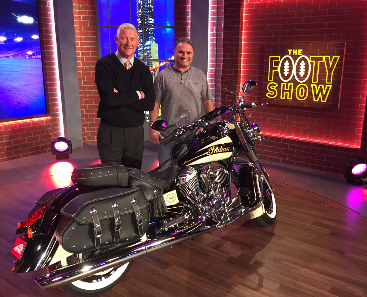 Indian Chief Vintage Auction Winner Tracey Fellows with Channel 9's Simon Bouda on The NRL Footy Show