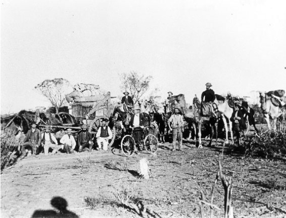 Posed photo from the 1890’s showing men and their various forms of transport to W.A.’s eastern gold fields.