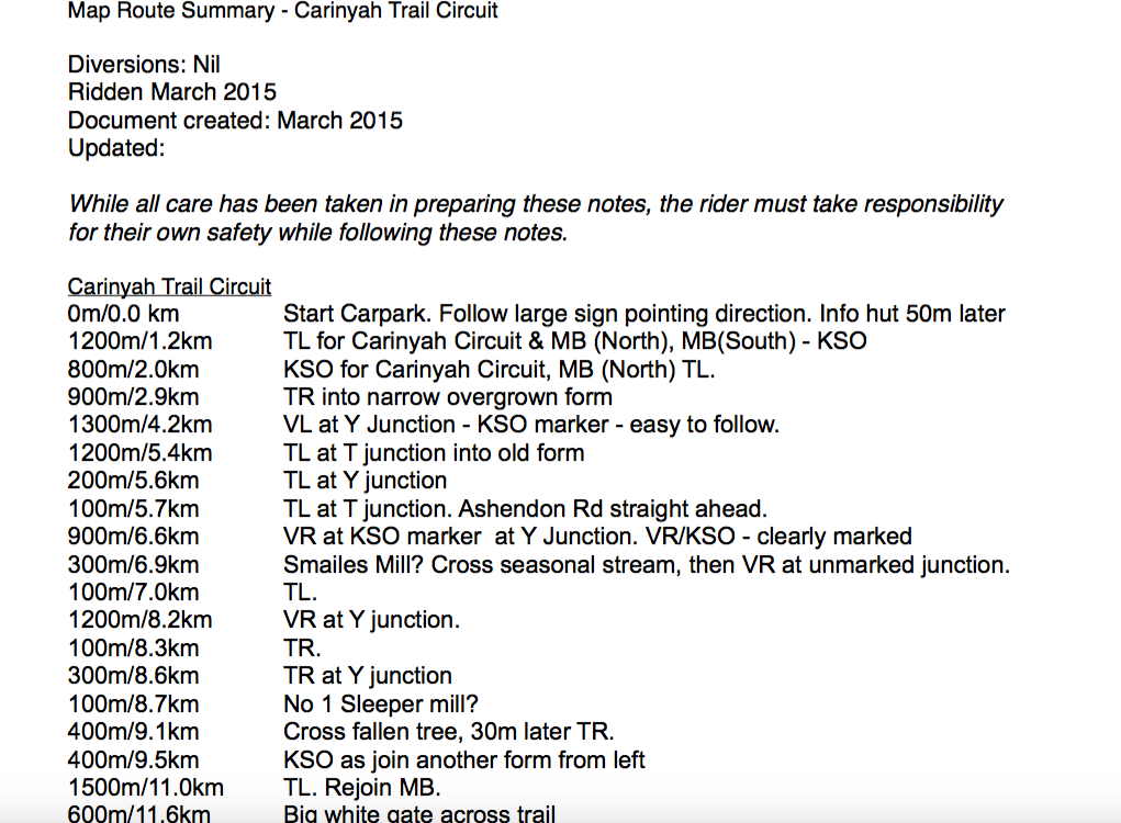 Route summary sheet sample