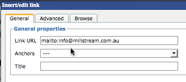 Screenshot showing sample email link URL with mailto text included