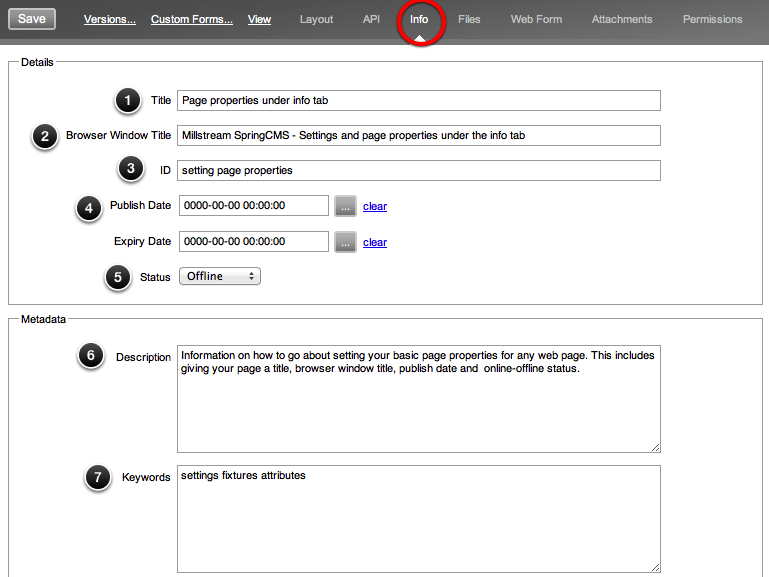 Page properties panel
