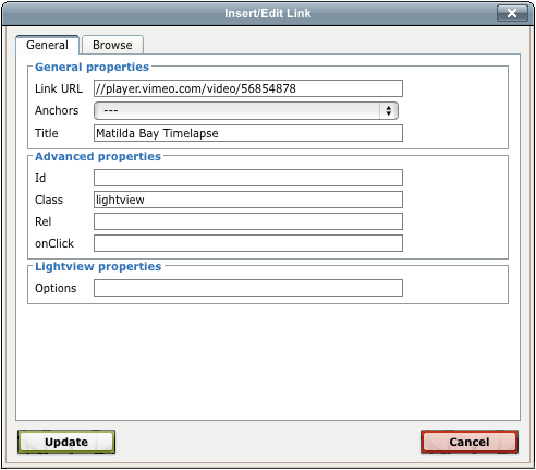 Opening videos in a lightview window
