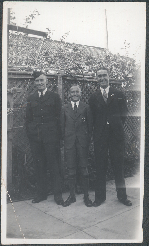 The Hepworth brothers at their family home in the Goldfields. [From left to right]: Unknown man in Australian RAAF uniform (left), Raymond Eric Hepworth (OSC 1944) in Scotch College school uniform (centre) and Walter Allan Hepworth OSC1935 in suit (right).