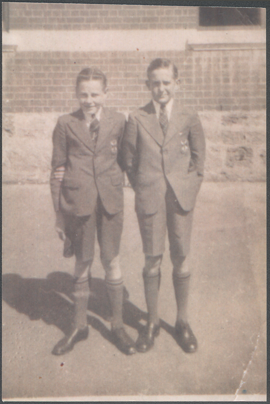Raymond Eric Hepworth (OSC 1944) pictured with Scotch College school friend out the front of the M-Block building, 1940.