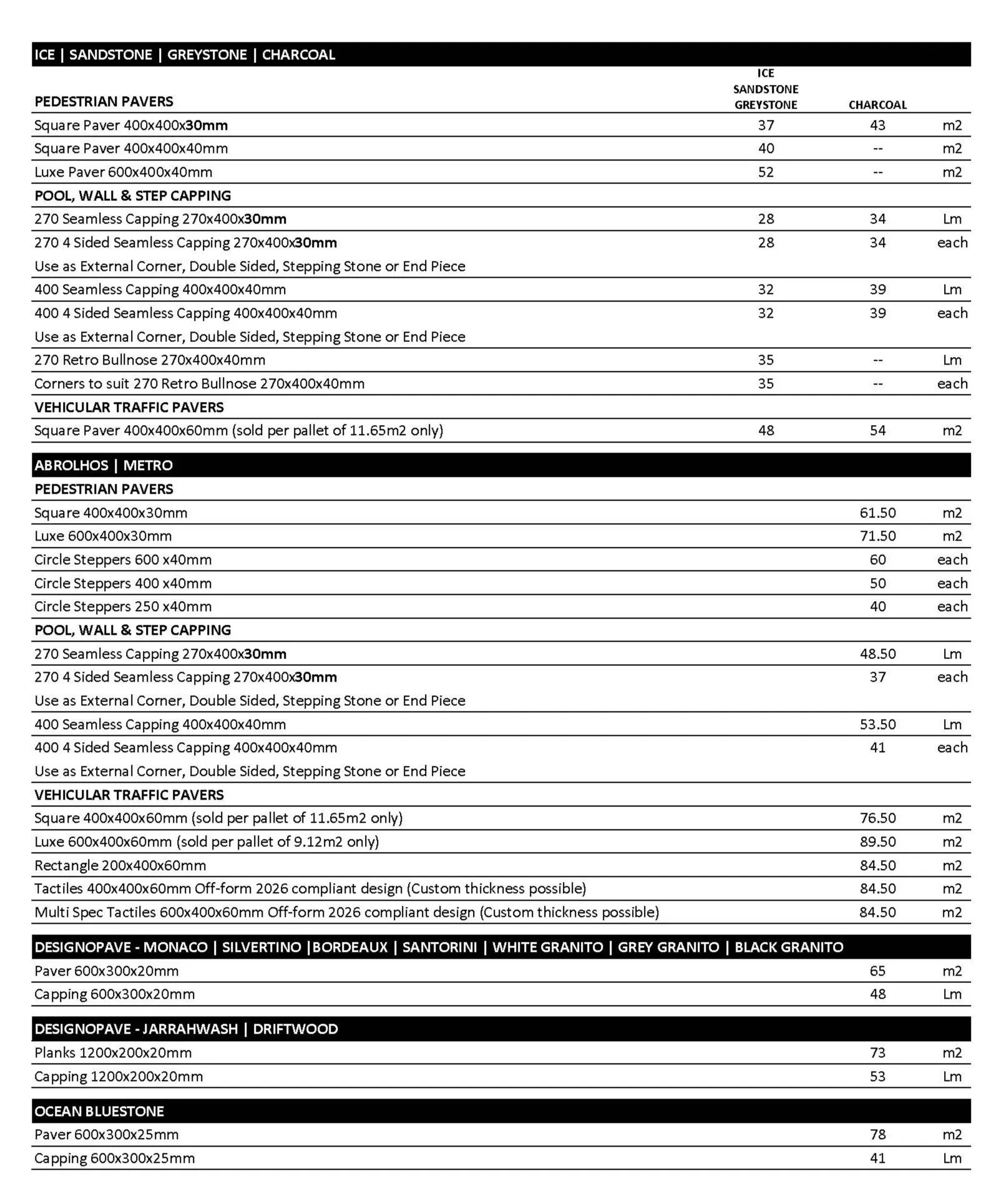 Freo Stone Paving Pricelist page 1
