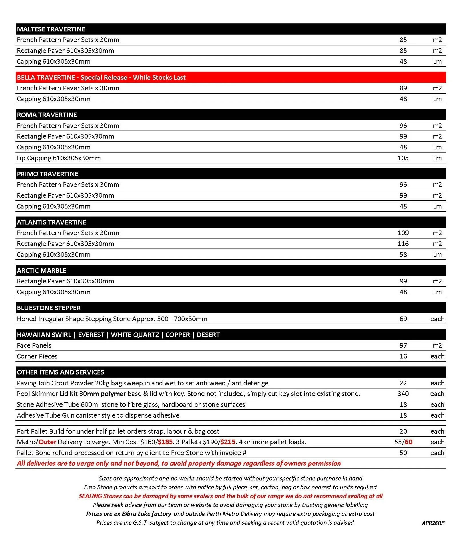 Freo Stone Paving Pricelist page 2