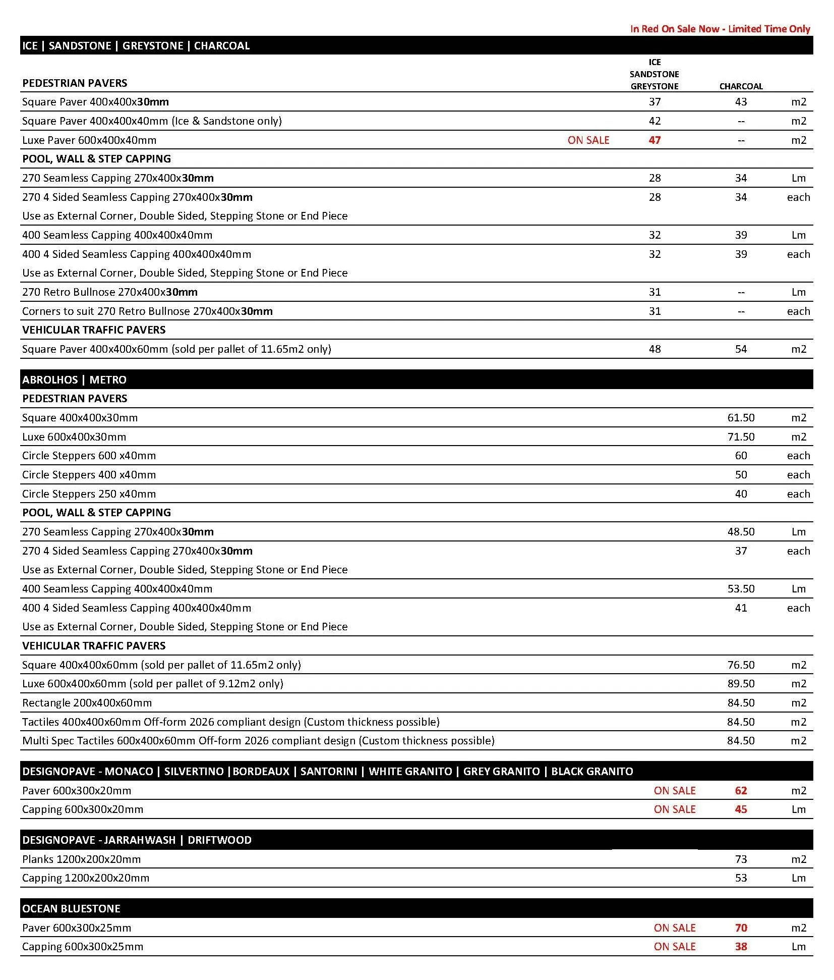 Freo Stone Paving Pricelist page 1
