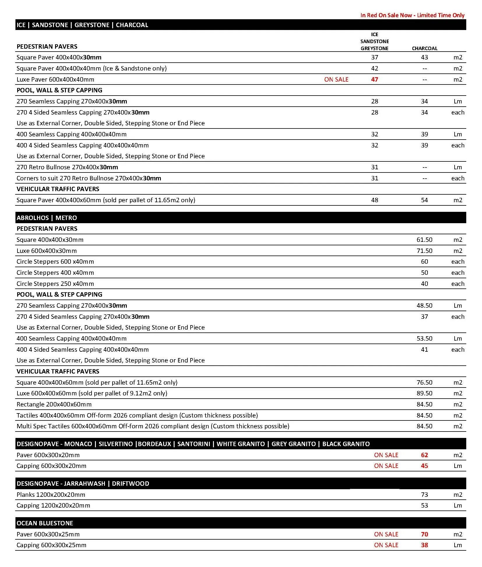 Freo Stone Paving Pricelist page 1