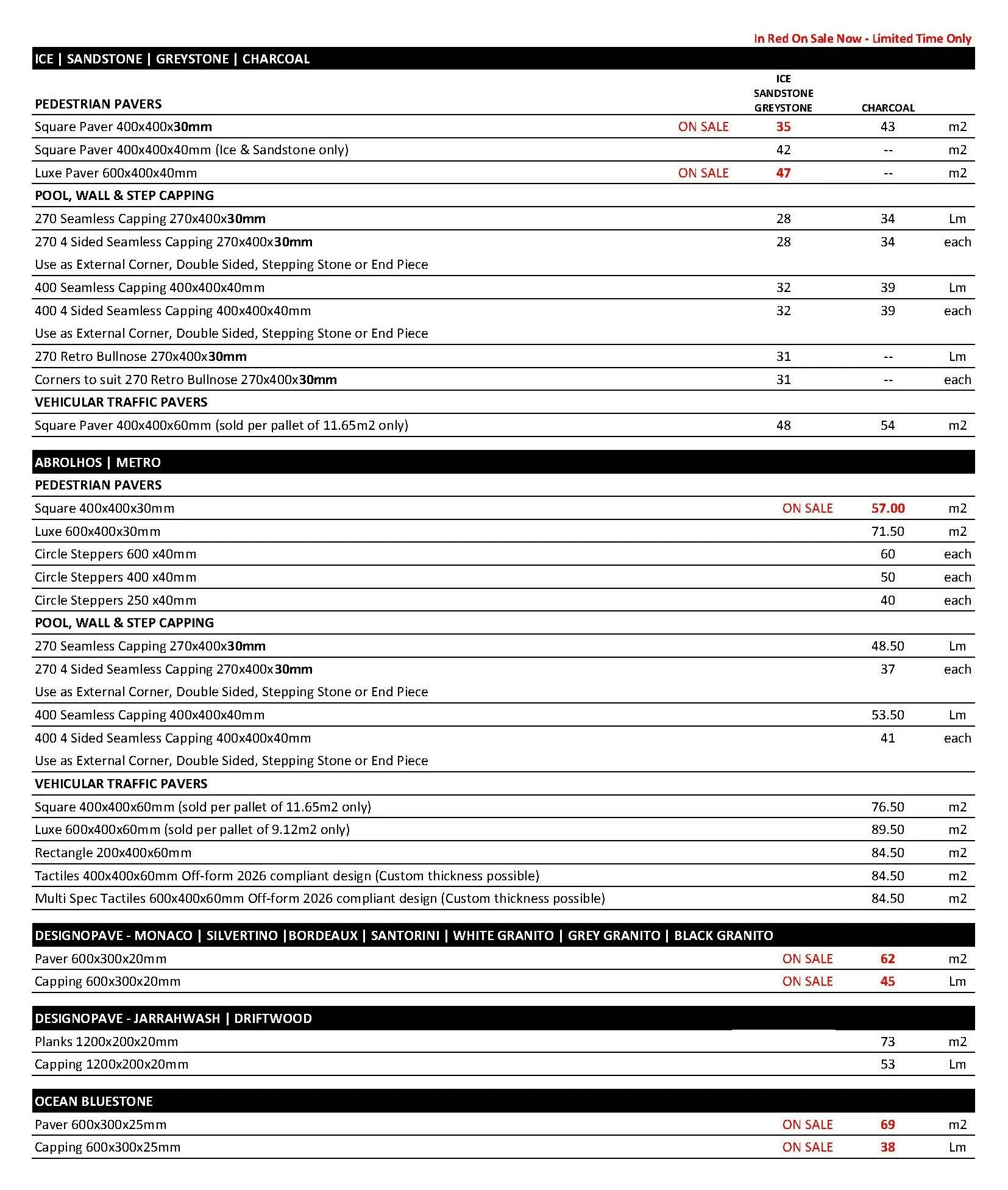 Freo Stone Paving Pricelist page 1
