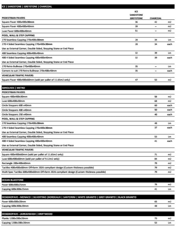 Freo Stone Paving Pricelist page 1