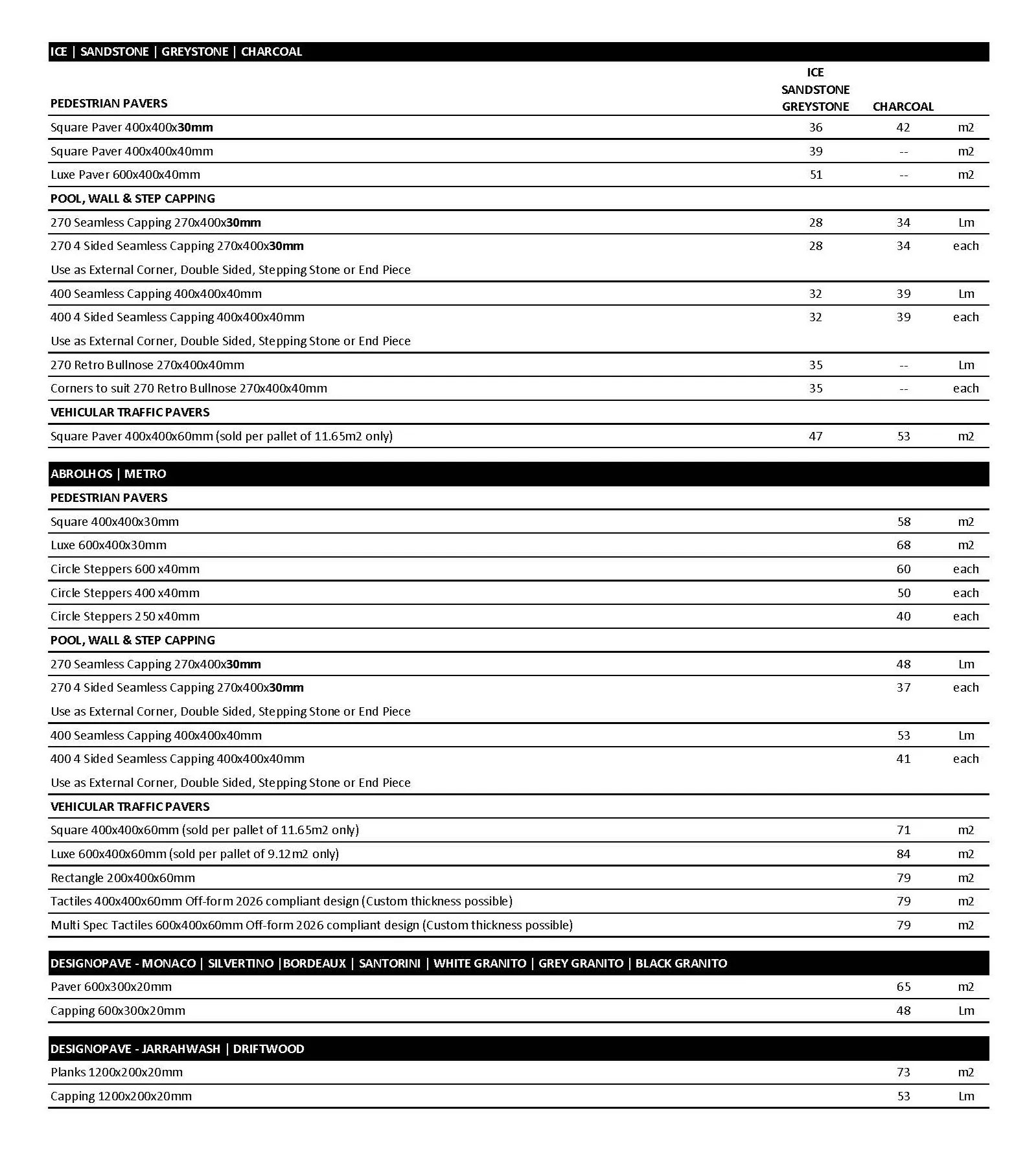 Freo Stone Paving Pricelist page 1