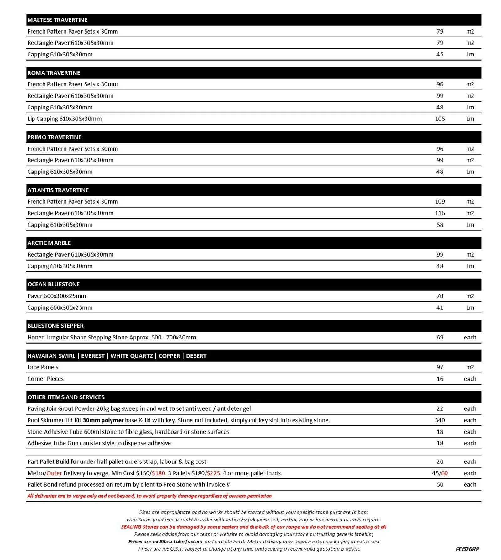 Freo Stone Paving Pricelist page 2