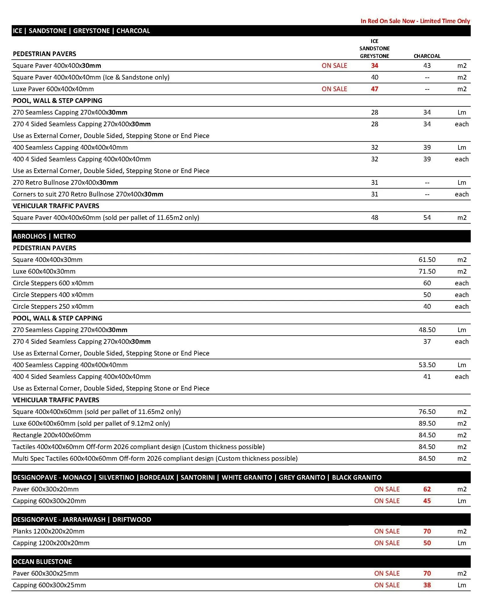 Freo Stone Paving Pricelist page 1