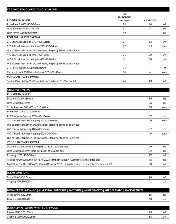 Freo Stone Paving Pricelist page 1