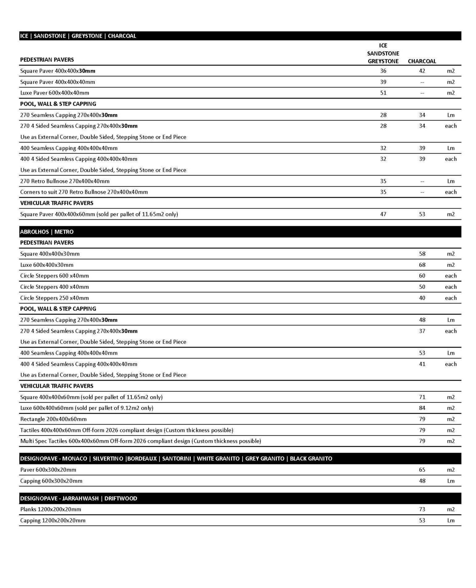 Freo Stone Paving Pricelist page 1