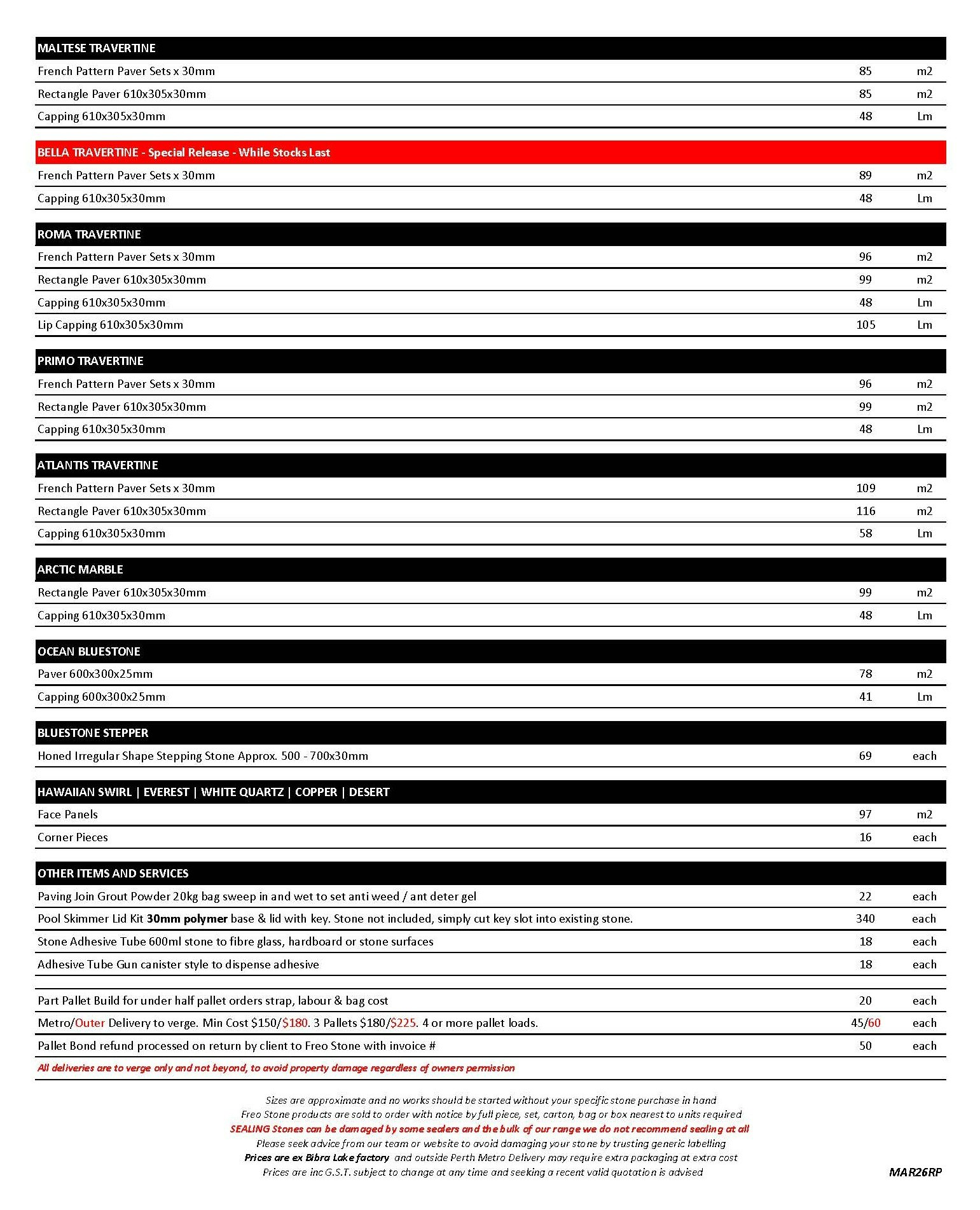Freo Stone Paving Pricelist page 2