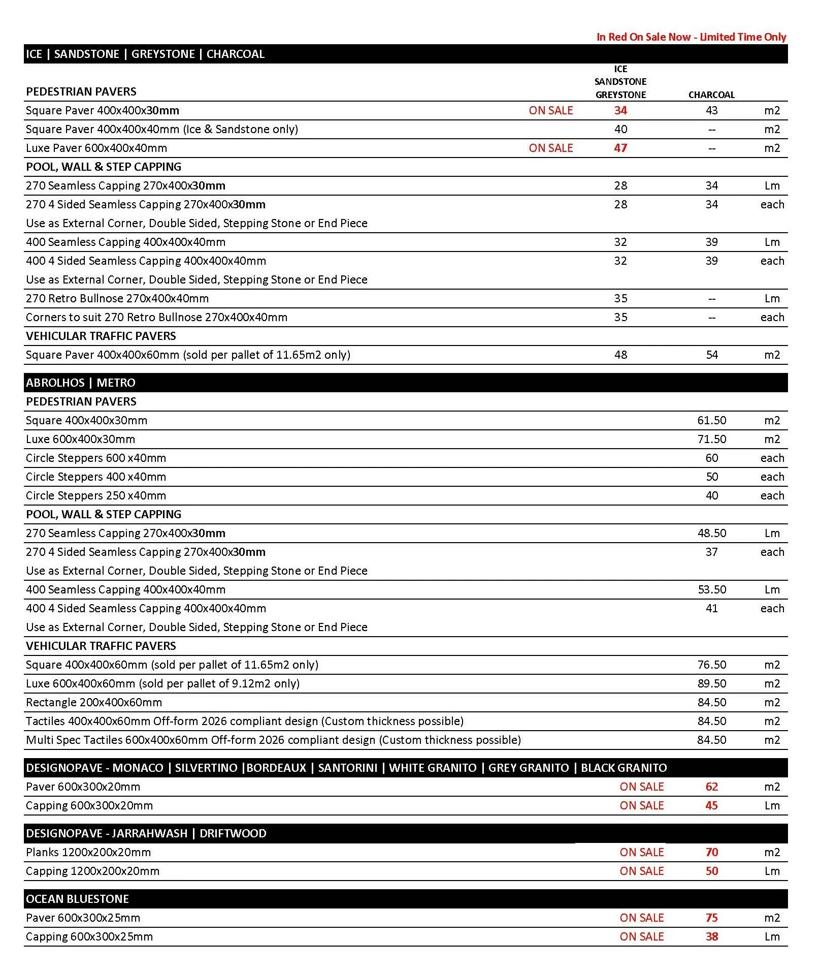 Freo Stone Paving Pricelist page 1