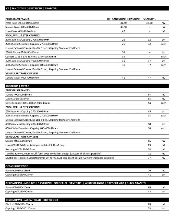 Freo Stone Paving Pricelist page 1