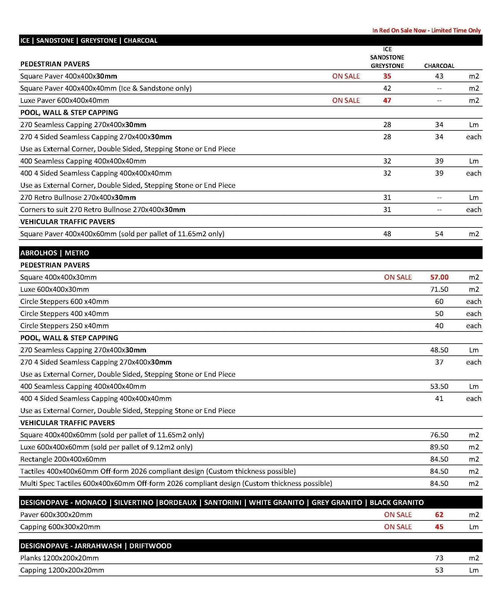 Freo Stone Paving Pricelist page 1