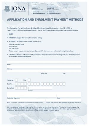 Iona Enrolment and Admission Payment Methods Form