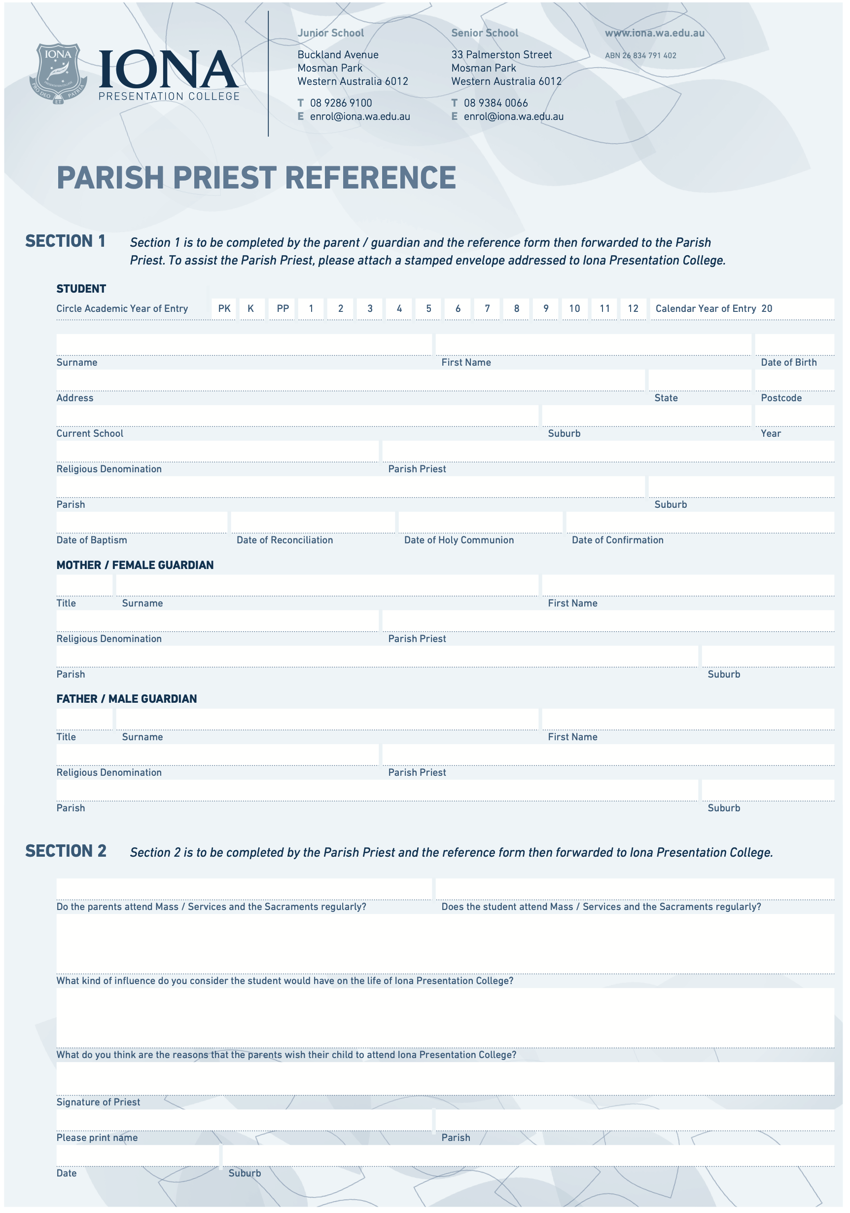 Iona Enrolment and Admission Payment Methods Form