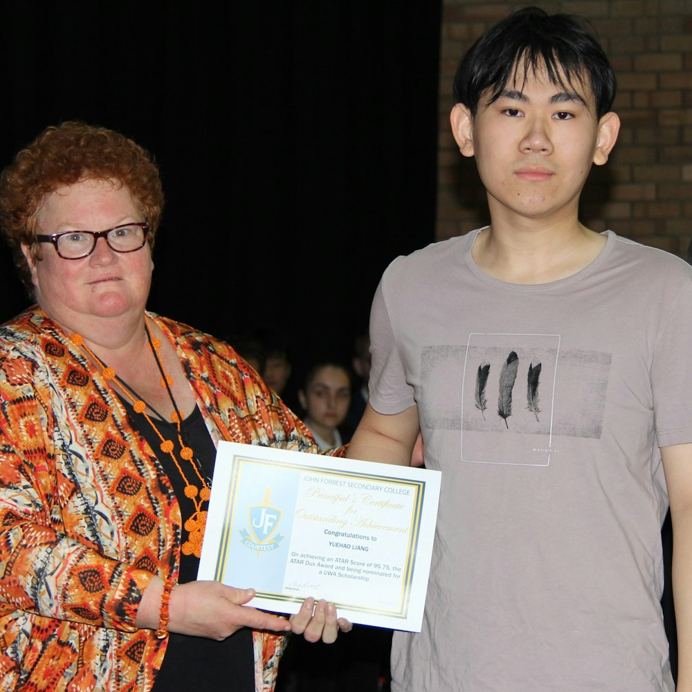 Yuehao Liang - Certificate of Merit, ATAR Dux 2017, ATAR of 95.75 and nominated for UWA Scholarship
