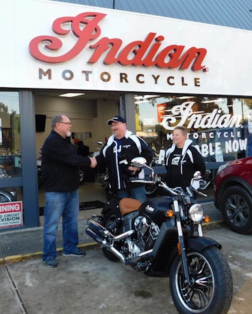 David Goddard picking up his new Indian Scout