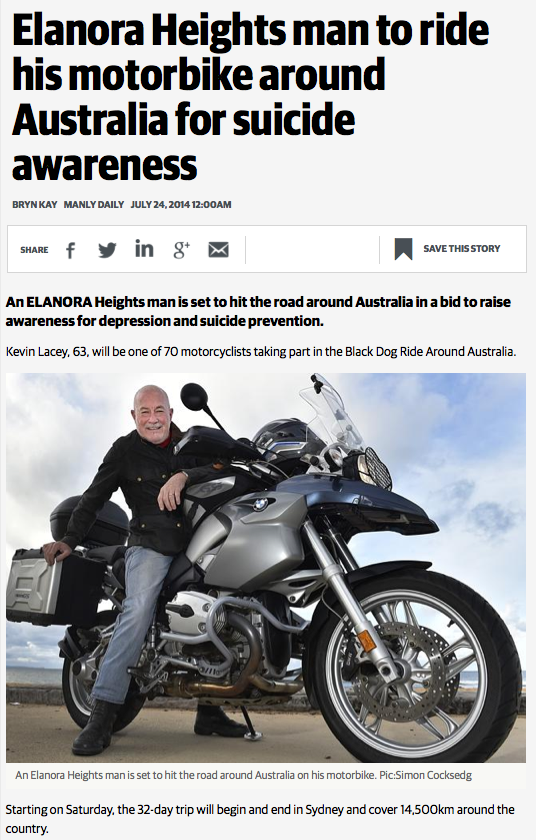 Black Dog Ride Around Australia Media - Elanora Heights man to ride his motorbike around Australia for suicide awareness 