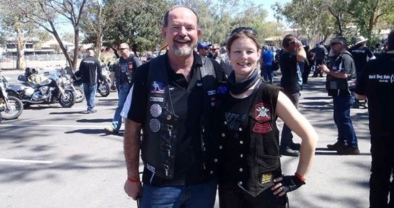 Euphoric Black Dog Riders Youngie and Nic after the procession through the Todd Mall - Ride to the Red Centre 2013