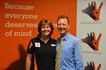 Will Bonney, General Manager of Black Dog Institute, and Kim Hansen, Black Dog Rider, at the BDR Cheque Presentation 2012. Photo by Noel Taylor